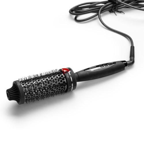 A black round hair styling tool with a handle, cord, and multiple small barrel holes for curling hair.