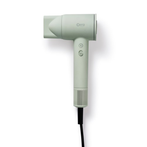 A white handheld hair dryer with buttons on the handle and a black cord attached.