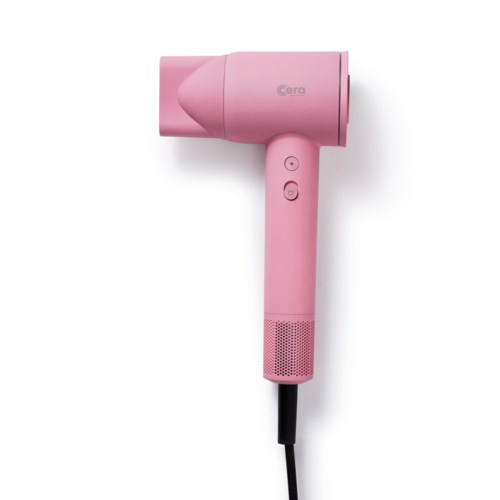 A pink hair dryer with two buttons and a nozzle, against a white background.