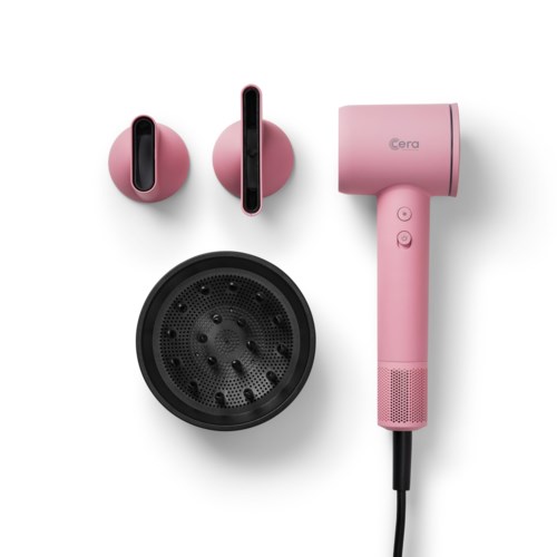 Pink hair dryer, two pink attachments, and a black round diffuser. Devices are on a white background.