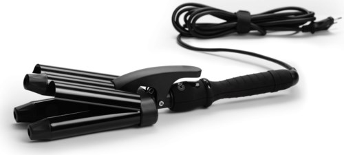 Een zwarte haarstijlijzer met een netsnoer, platte verwarmingsplaten en een handvat voor haarstyling.