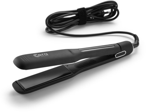 Een zwarte haarstijltang met kabel, gemarkeerd Cera, ligt op een zwarte achtergrond.