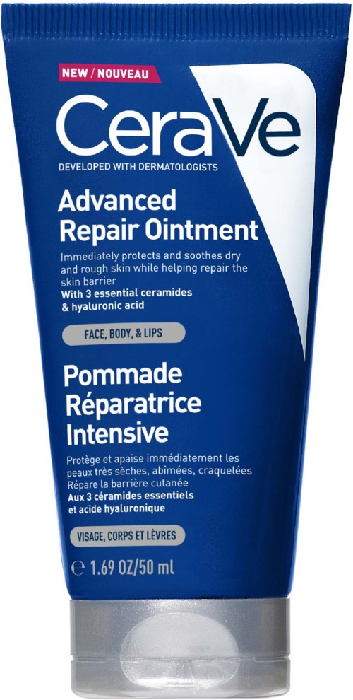 Eine blaue Tube CeraVe Advanced Repair Ointment für trockene Haut, Gesicht, Körper und Lippen, mit weißen Text und silberner Kappe.