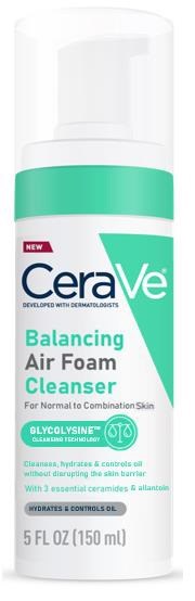 A white and green bottle of CeraVe balancing air foam cleanser for normal to combination skin, with a pump on top.