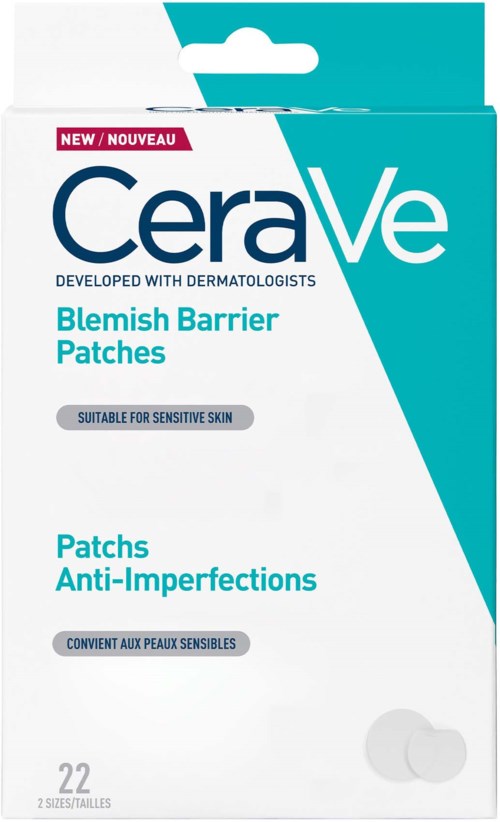 CeraVe doos met pleisters voor onzuiverheden, geschikt voor gevoelige huid, 22 pleisters in twee maten, met label 'Anti-Imperfections.'