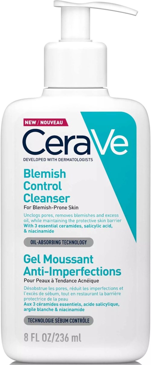 A white bottle with a pump labeled CeraVe Blemish Control Cleanser for acne-prone skin.
