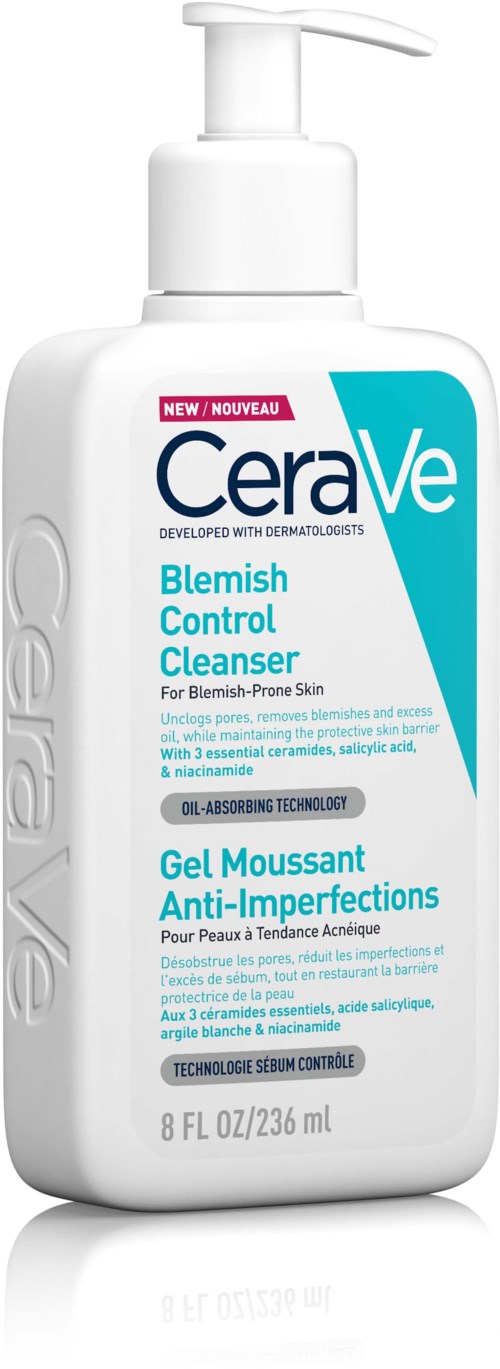 A white bottle with a pump labeled CeraVe Blemish Control Cleanser, designed for acne-prone skin, with blue and pink accents.