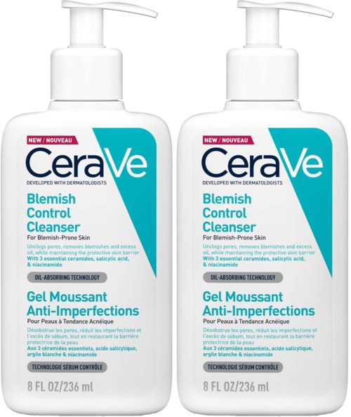 Twee flessen CeraVe Blemish Control Cleanser met pomp, bedoeld voor acnebehandeling, elk 8 oz.