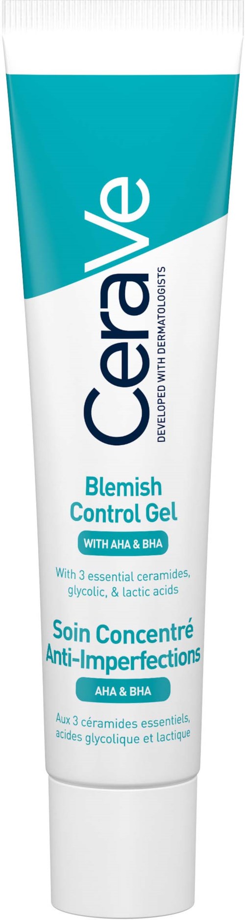 Eine Tube CeraVe Blemish Control Gel in Blau und Weiß, gekennzeichnet für Unreine Haut, mit AHA und BHA.