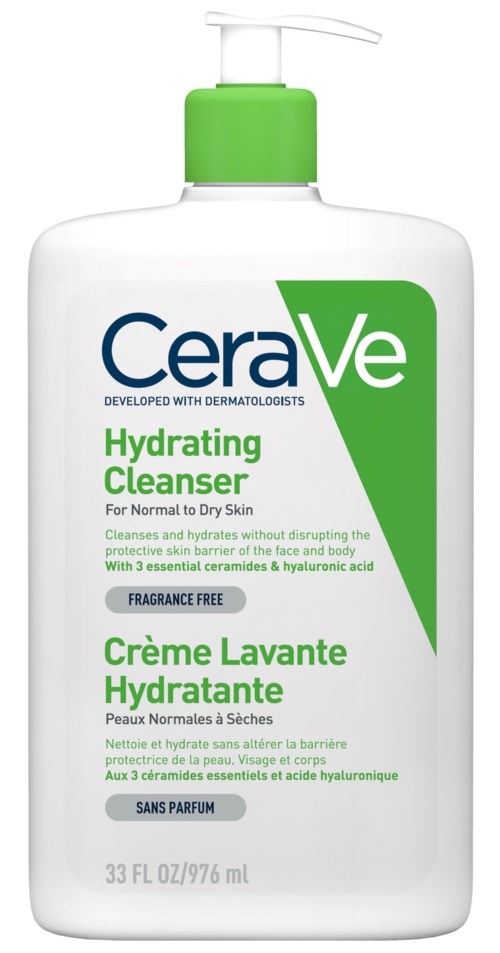 Eine weiße Flasche mit grünem Deckel und Etikett, gekennzeichnet CeraVe Hydrating Cleanser für normale bis trockene Haut.