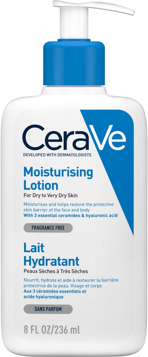 A white bottle with a blue pump, labeled CeraVe Moisturising Lotion for dry skin.