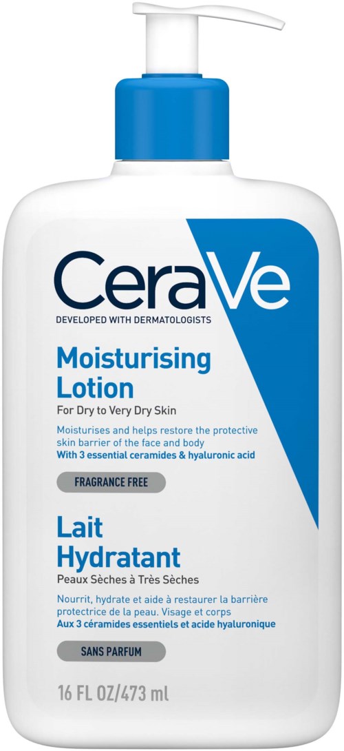 CeraVe moisturizing lotion bottle with a pump, blue and white design, label indicates it's for very dry skin, fragrance-free.