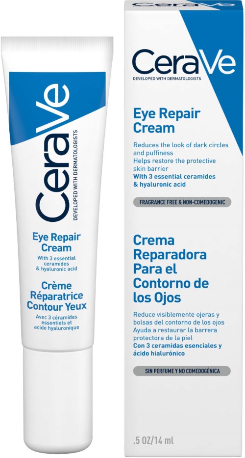 CeraVe eye repair cream tube and box, mentions reducing dark circles and puffiness, with ceramides and hyaluronic acid.