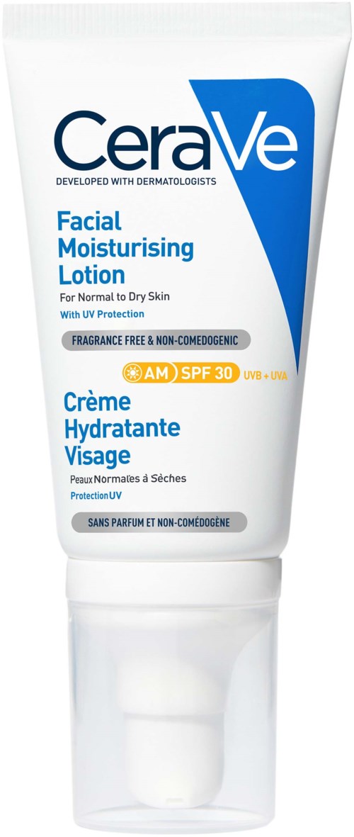 A white tube of CeraVe Facial Moisturising Lotion with SPF 30. It is for dry skin and offers sun protection.