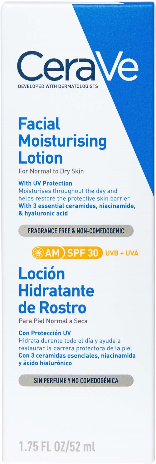 A white and blue box for CeraVe facial moisturizer lotion with SPF 30, highlighting UV protection and skin benefits.