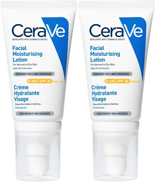 Zwei Tuben CeraVe Gesichtsfeuchtigkeitscreme mit SPF 30 für trockene Haut, zeigen das Produktetikett und Design.