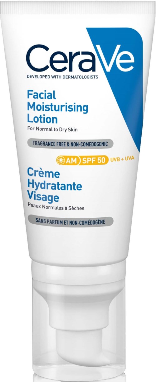 A white tube of CeraVe facial moisturizing lotion with blue and orange text, indicating sun protection and non-comedogenic features.