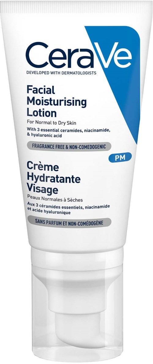 A white tube of facial moisturizer with blue and black text, labeled CeraVe, for normal to dry skin.