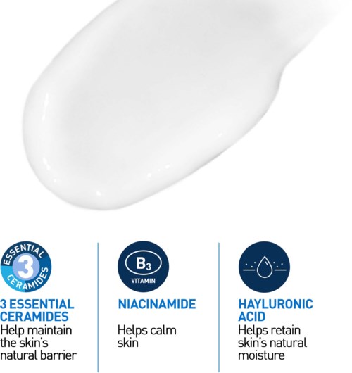 An illustration shows skincare ingredients: ceramides, niacinamide, and hyaluronic acid, aiding skin health and moisture.