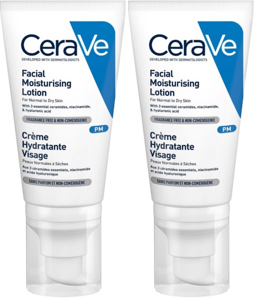 Zwei Tuben CeraVe GesichtsFeuchtigkeitslotion für trockene Haut, ohne Duft, mit Ceramiden und Hyaluronsäure, von Dermatologen entwickelt.