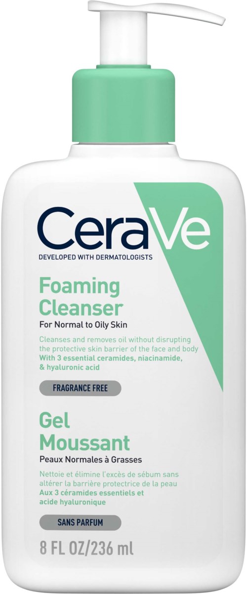 Eine weiße Flasche mit Pumpe, CeraVe schäumende Reinigungslösung für normale bis fettige Haut, parfumfrei, 8 oz.