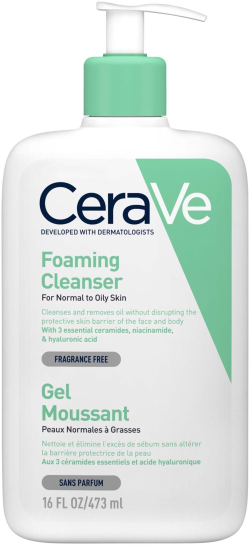 A white bottle with a pump, labeled CeraVe Foaming Cleanser, for normal to oily skin, fragrance-free, 16 oz.