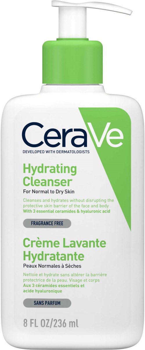 A white bottle with a pump, green label, and product name CeraVe Hydrating Cleanser for dry skin.