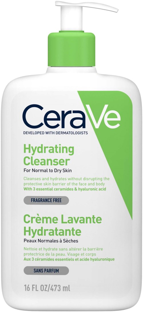 A white bottle with a green pump, labeled CeraVe Hydrating Cleanser for normal to dry skin, fragrance-free, 16 fl oz.