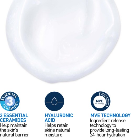 The image shows a skincare product with logos highlighting its key ingredients: ceramides, hyaluronic acid, and MVE technology.