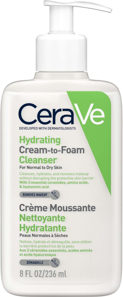 A white bottle with a pump top, labeled CeraVe Hydrating Cleanser for normal to dry skin, 8 ounces.