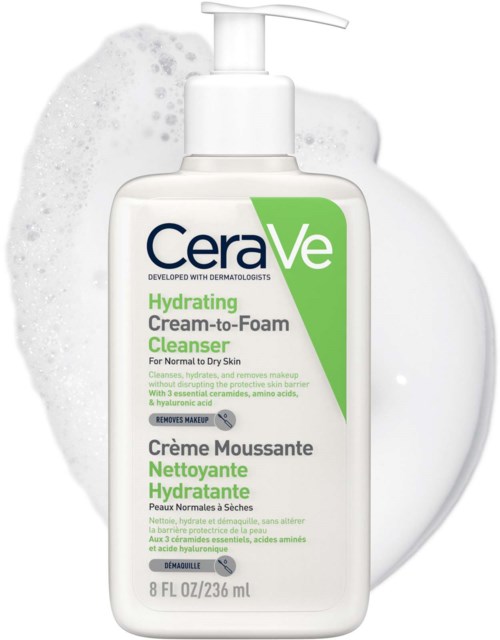 A white bottle with a pump labeled CeraVe Hydrating Foam Cleanser for normal to dry skin.