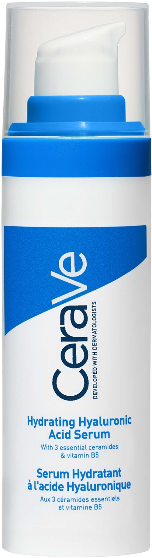 Een witte en blauwe fles met "Cerva" voor een hydraterend hyaluronzuur serum met vitaminen, schuimpomp bovenkant.