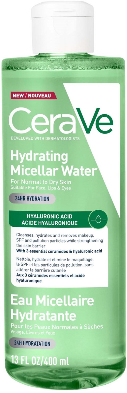 Green bottle of CeraVe Hydrating Micellar Water for normal to dry skin, with a white cap and label details.