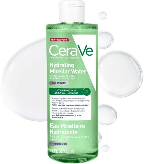 Green bottle of CeraVe Hydrating Micellar Water with product info and ingredients listed.