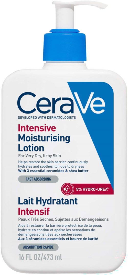 CeraVe intensiv återfuktande lotion i en vit flaska med blå kork och pump, märkt för torr hud med 5% hyaluronsyra.