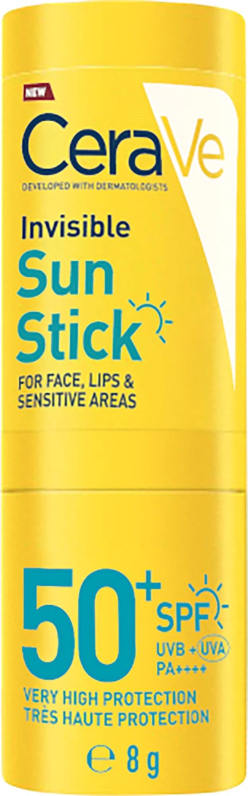 Ein gelber Stick mit blauer und schwarzer Schrift, bewirbt Sonnencreme mit SPF 50+ für Gesicht und Lippen.