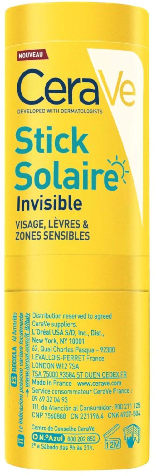 Eine gelbe Tube CeraVe Sonnencremestift für Gesicht, Lippen und empfindliche Bereiche, als unsichtbar und neu gekennzeichnet.