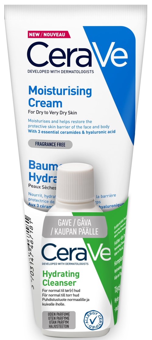 Een witte tube met blauwe en groene labels, toont dat het een hydraterende en verzorgende huidverzorging voor een droge huid is.