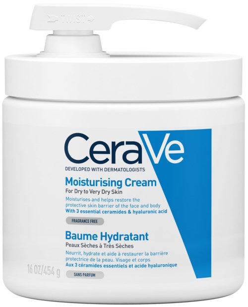 A white jar of CeraVe moisturizing cream for dry skin, with a pump on top and blue labels.
