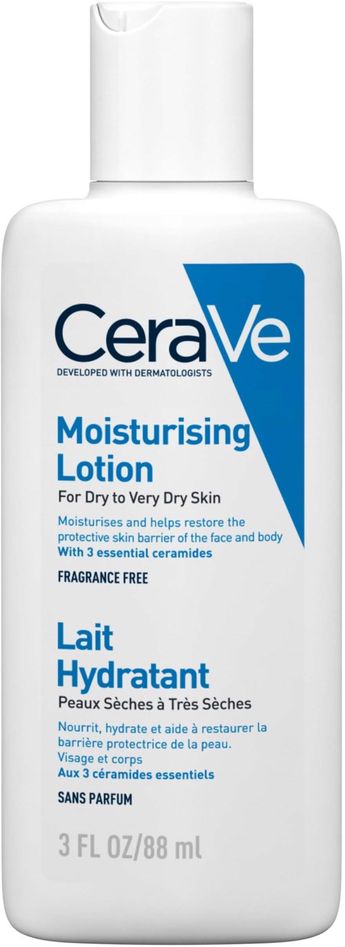 Eine weiße Flasche mit dem Label CeraVe Feuchtigkeitslotion, für trockene Haut, parfymfrei, mit blauer und weißer Kennzeichnung.