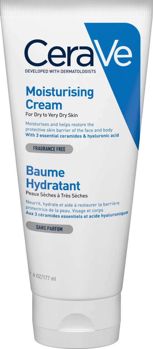 Eine weiße Tube mit CeraVe Feuchtigkeitscreme für trockene Haut, blaue und schwarze Schrift, parfumfrei, mit 3 Hauptzutaten.