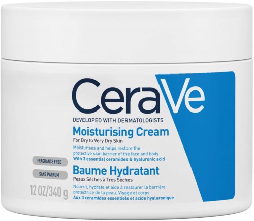 A white jar of CeraVe Moisturising Cream for very dry skin, label includes blue and black text, and a blue graphic.