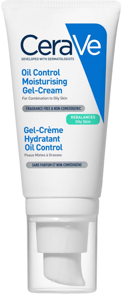 En vit tub med blå och svart text, märkt CeraVe, för fet hud fuktgivande med gel-formel.