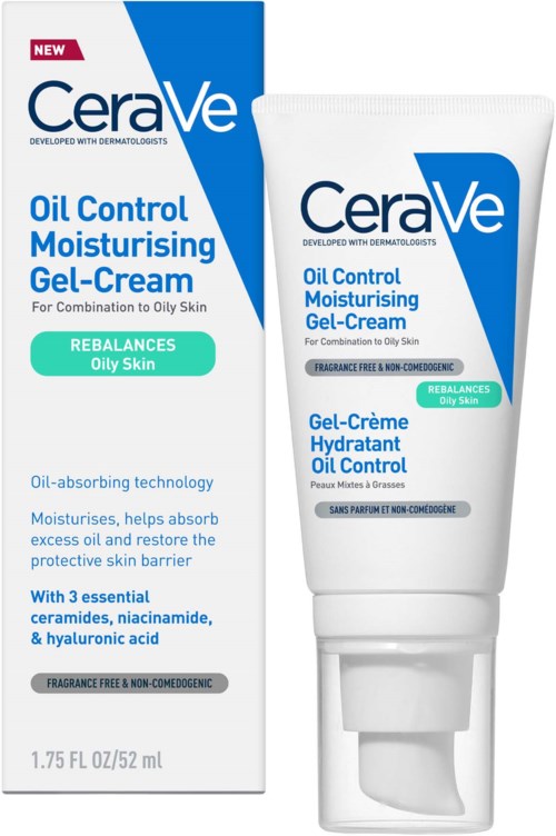 En CeraVe gel-kräm för oljig hud, som påstår att den balanserar olja och återställer huden, med 3 viktiga ingredienser och utan doft.