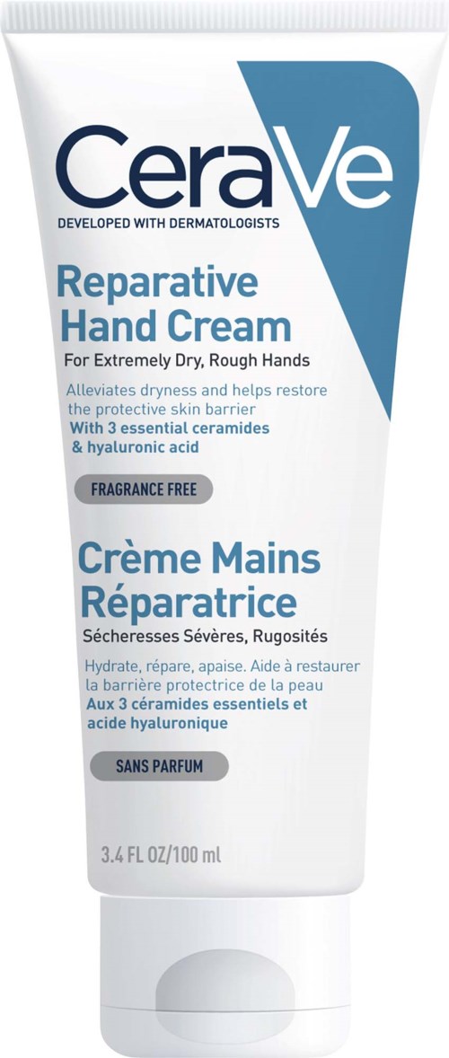 Tube of CeraVe reparative hand cream with blue and white packaging, descriptions in English and French, fragrance-free, 100 ml.