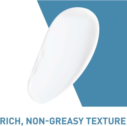 A white, oval-shaped skincare product on a blue and white background with text about its texture.