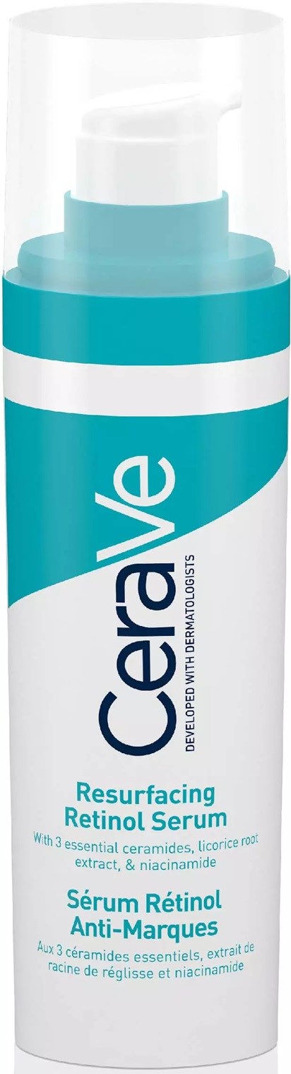 A tall bottle with a pump, labeled CeraVe Resurfacing Retinol Serum, containing skincare product for skin renewal.