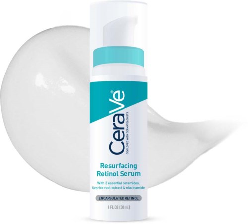 A white and blue bottle of CeraVe Resurfacing Retinol Serum with a dollop of cream beside it.