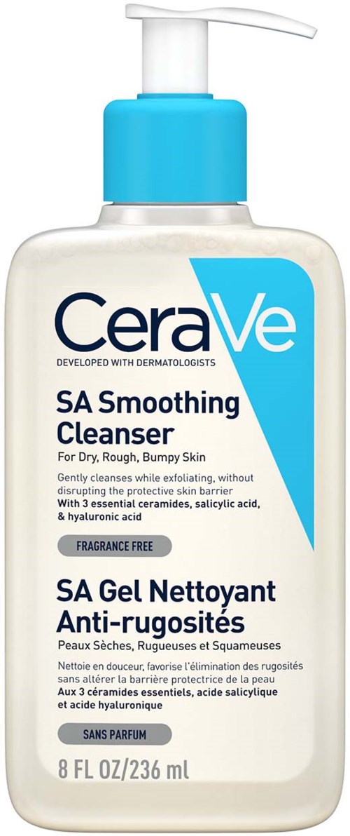 A bottle of CeraVe SA Smoothing Cleanser with a pump, designed for dry, rough, and bumpy skin, fragrance-free.