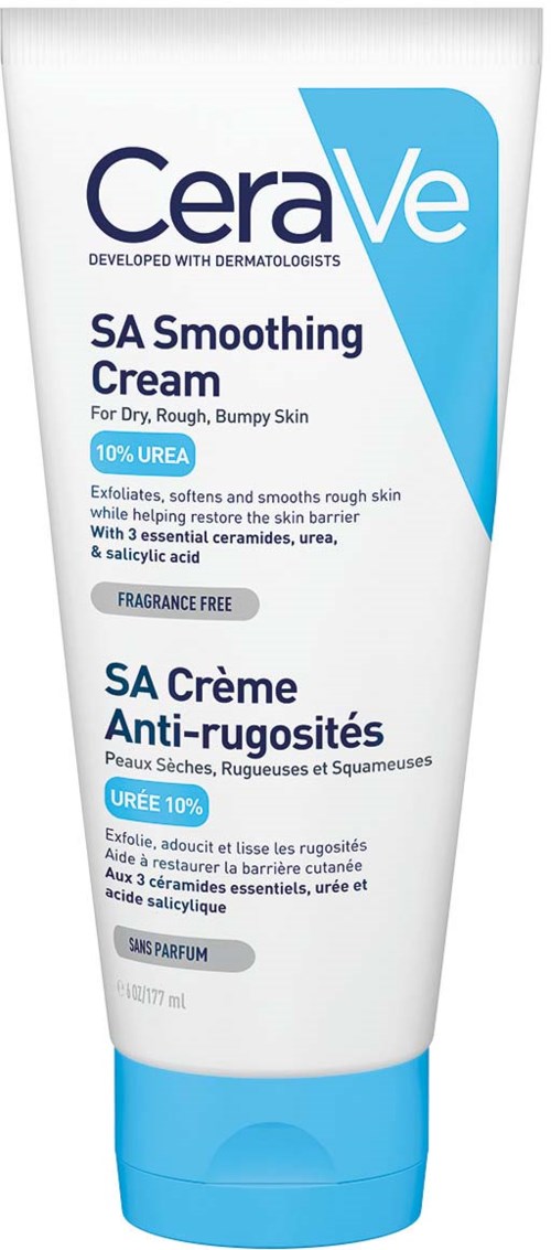 Eine weiße Tube CeraVe SA Smoothing Cream für raue Haut, enthält 10% Urea, parfümfrei, mit blauer und schwarzer Schrift.